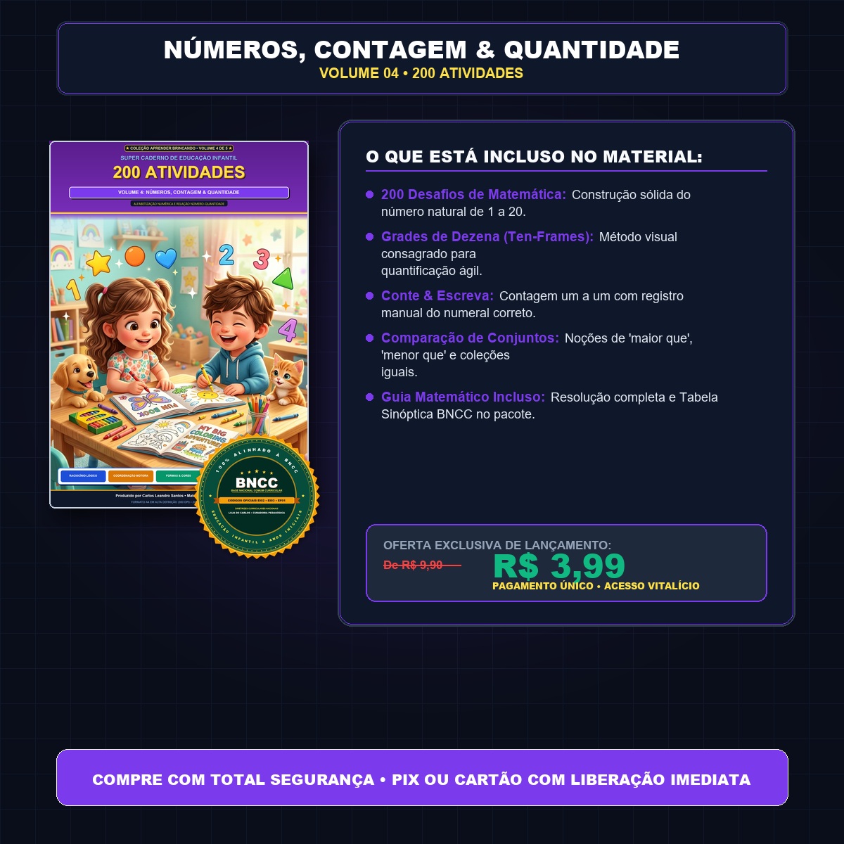Números, Contagem e Quantidade — 200 Atividades Pré-Escolares (Vol. 04)