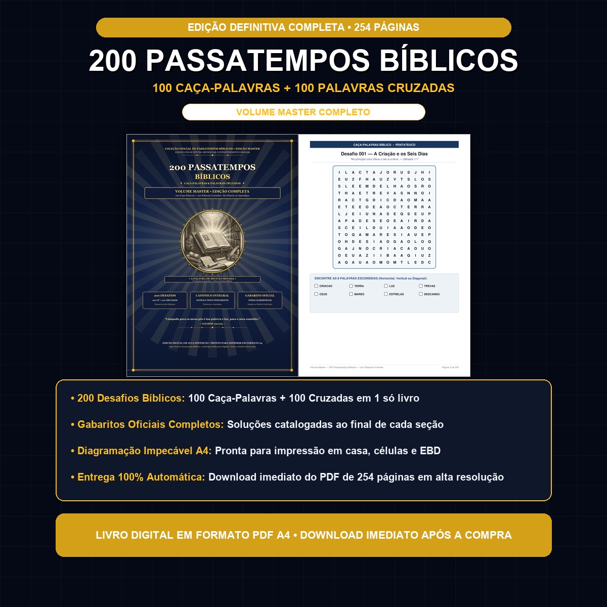 200 Passatempos Bíblicos — Volume Master Completo (Caça-Palavras & Cruzadas)