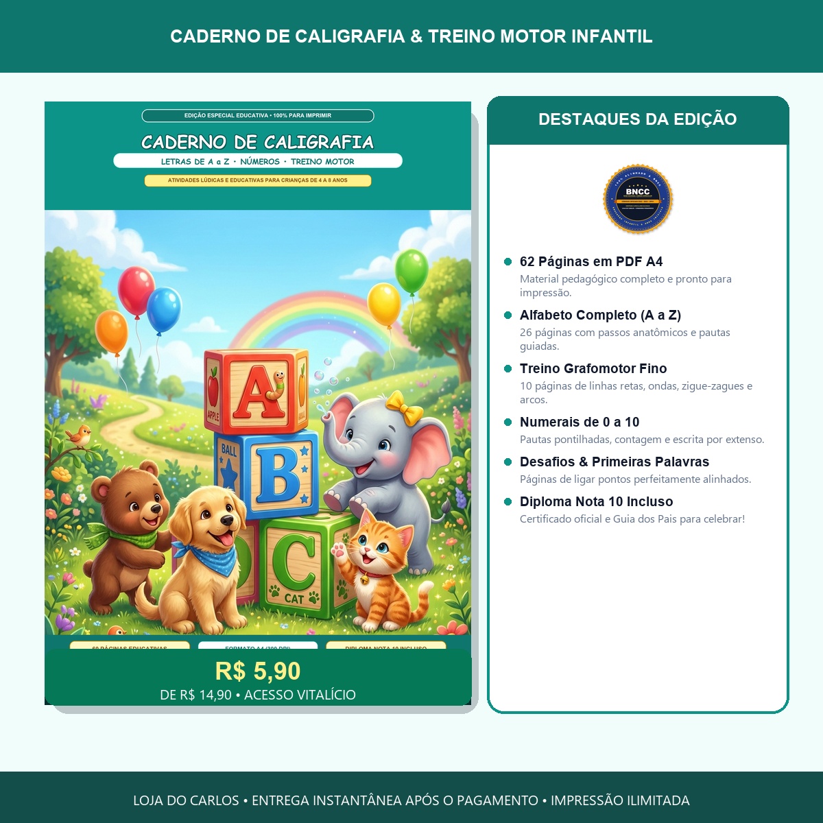 Caderno de Caligrafia e Treino Motor Infantil — Edição Completa A4