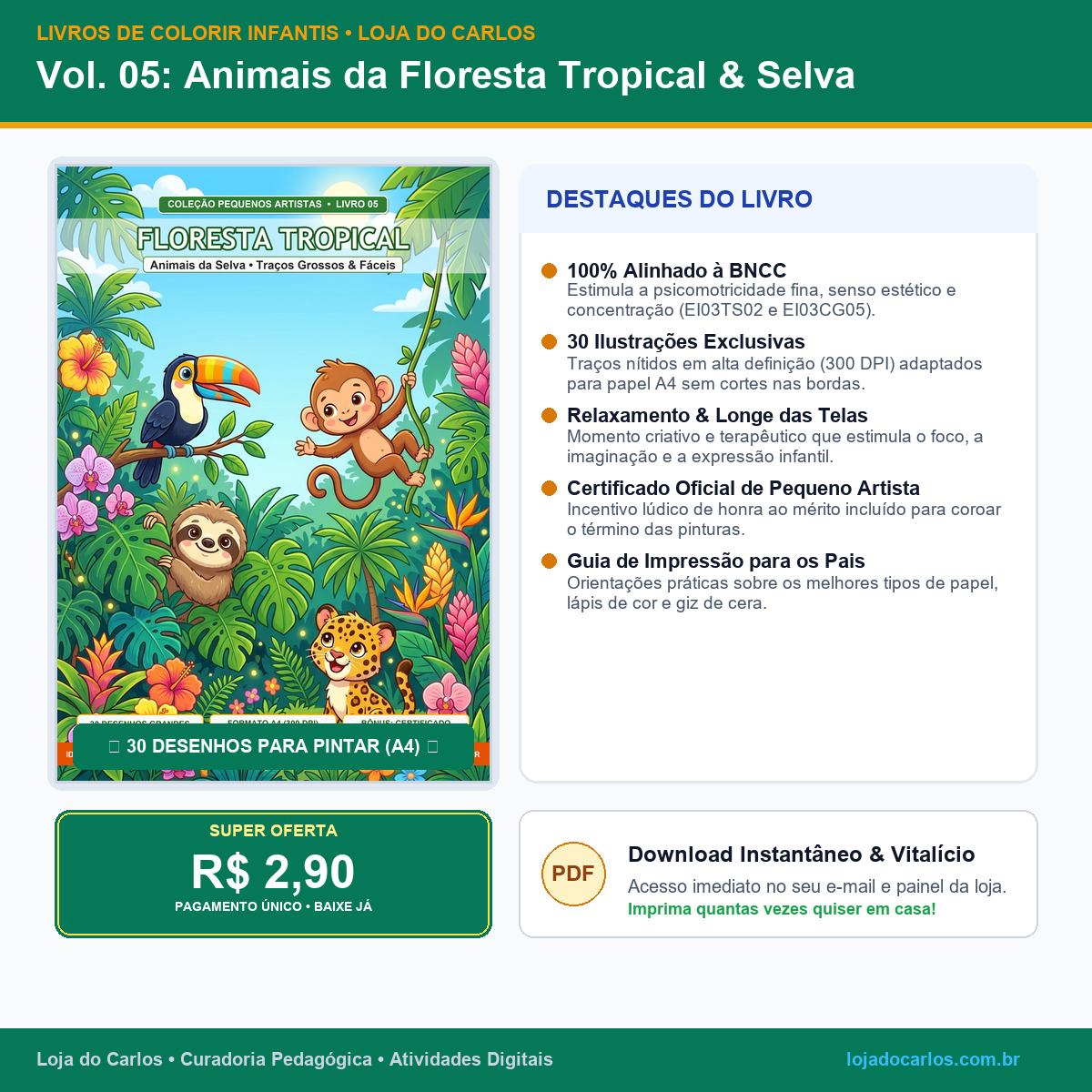 Livro de Colorir Infantil • Vol. 05: Animais da Floresta Tropical & Selva