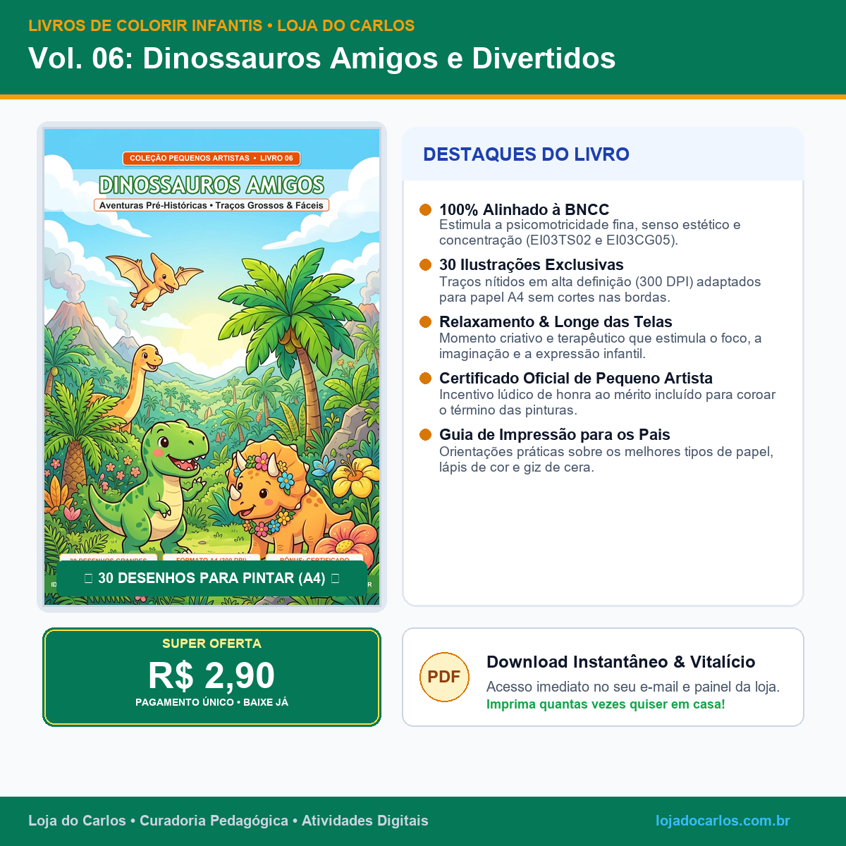 Livro de Colorir Infantil • Vol. 06: Dinossauros Amigos e Divertidos