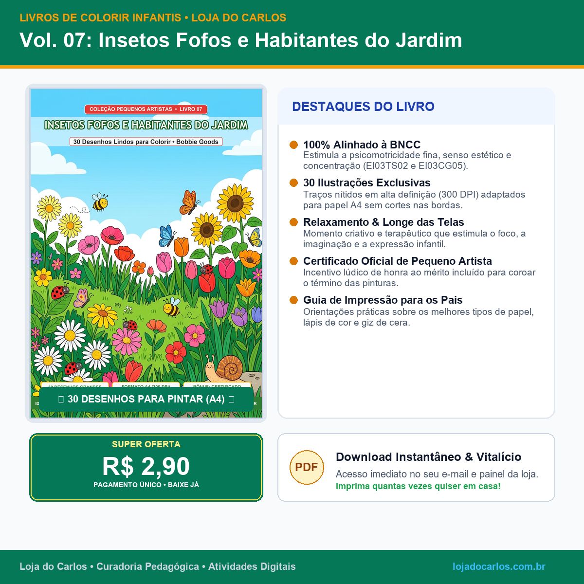 Livro de Colorir Infantil • Vol. 07: Insetos Fofos e Habitantes do Jardim