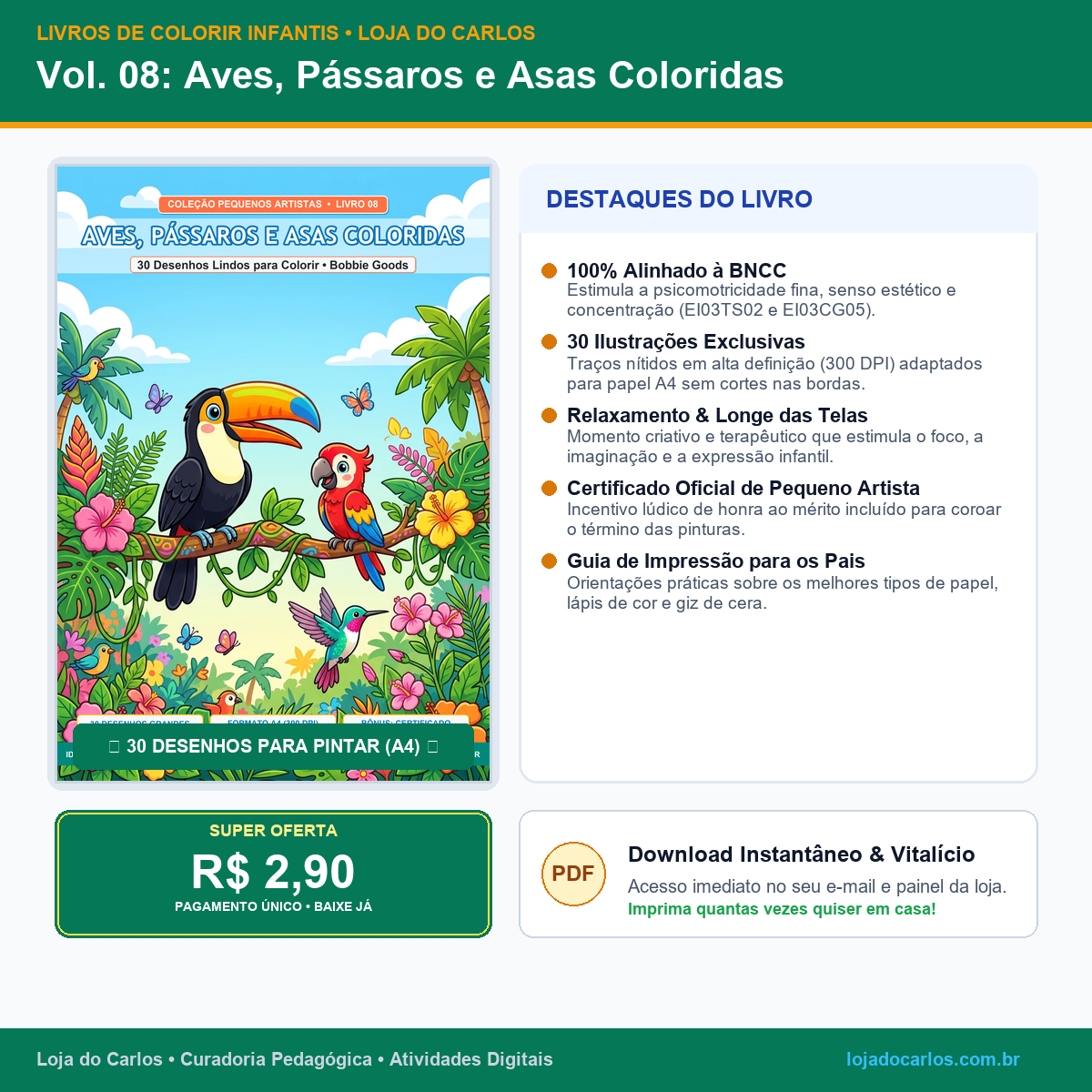 Livro de Colorir Infantil • Vol. 08: Aves, Pássaros e Asas Coloridas