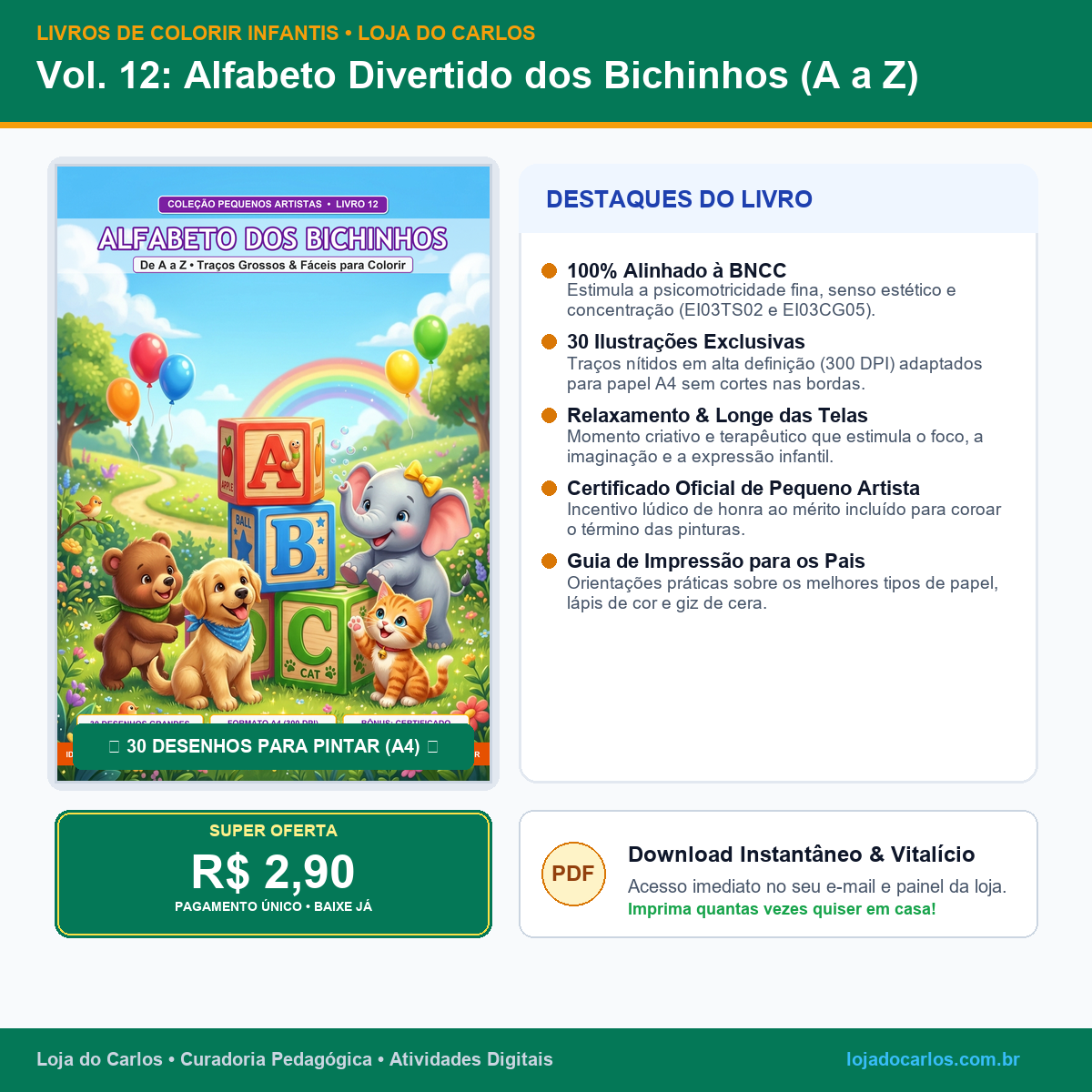 Livro de Colorir Infantil • Vol. 12: Alfabeto Divertido dos Bichinhos (A a Z)