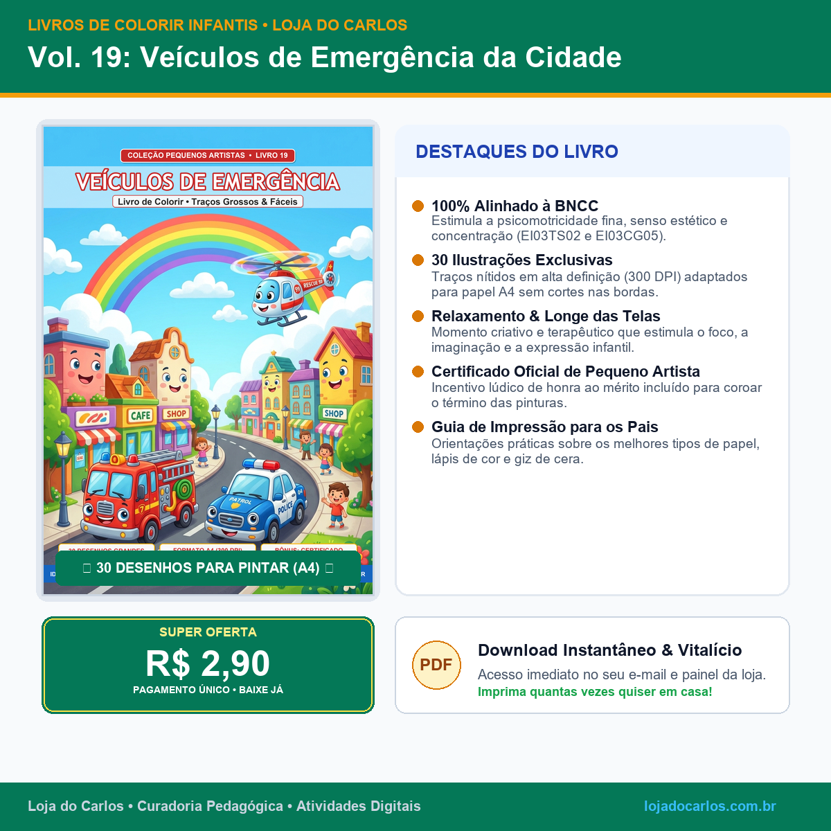 Livro de Colorir Infantil • Vol. 19: Veículos de Emergência da Cidade