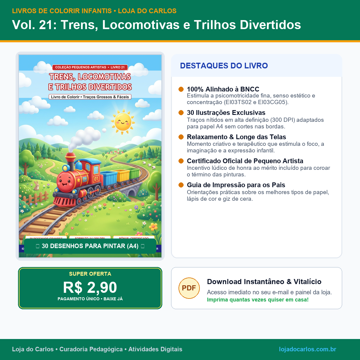 Livro de Colorir Infantil • Vol. 21: Trens, Locomotivas e Trilhos Divertidos