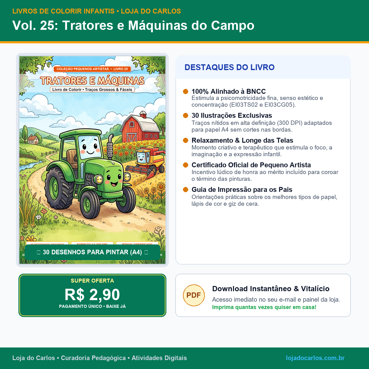 Livro de Colorir Infantil • Vol. 25: Tratores e Máquinas do Campo