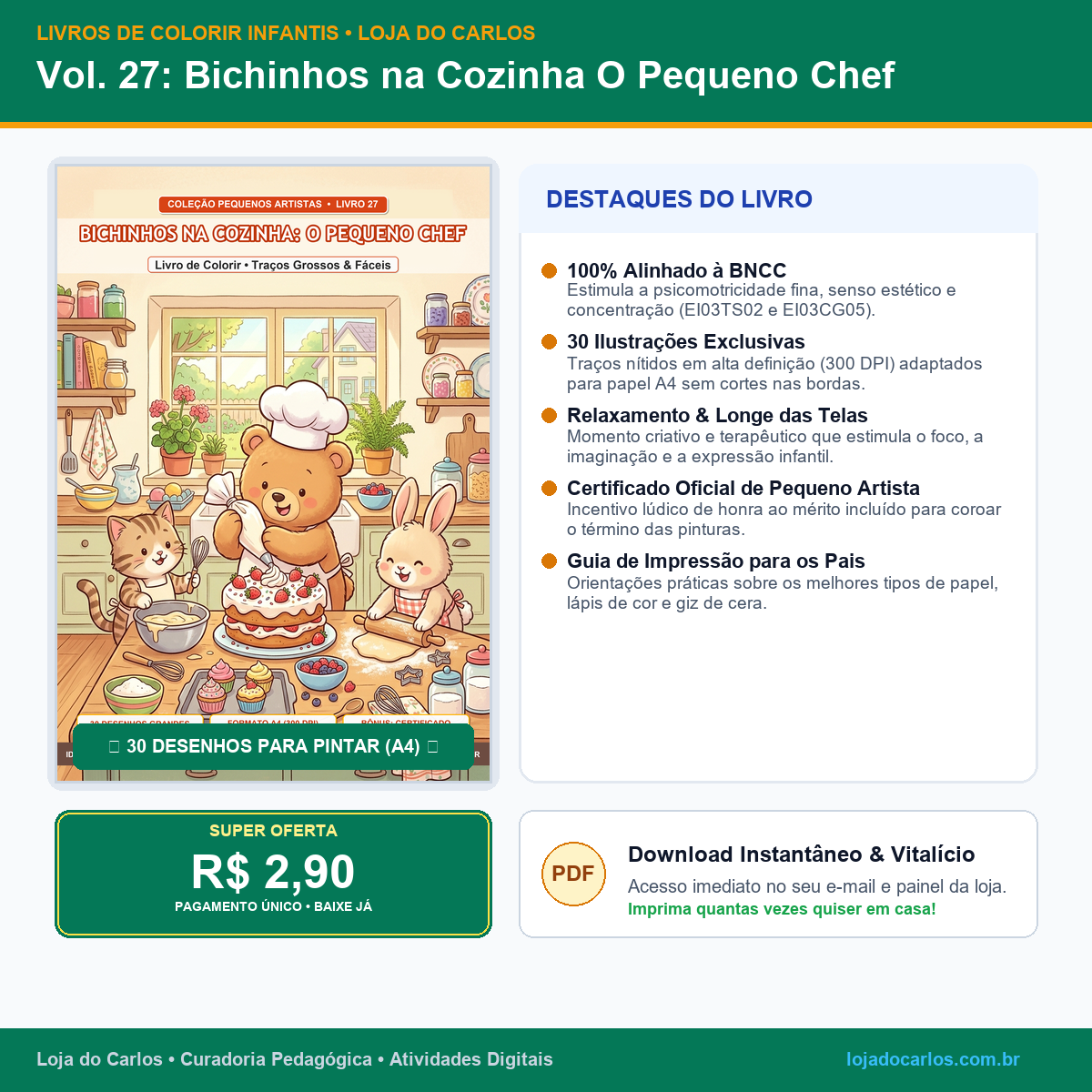 Livro de Colorir Infantil • Vol. 27: Bichinhos na Cozinha O Pequeno Chef
