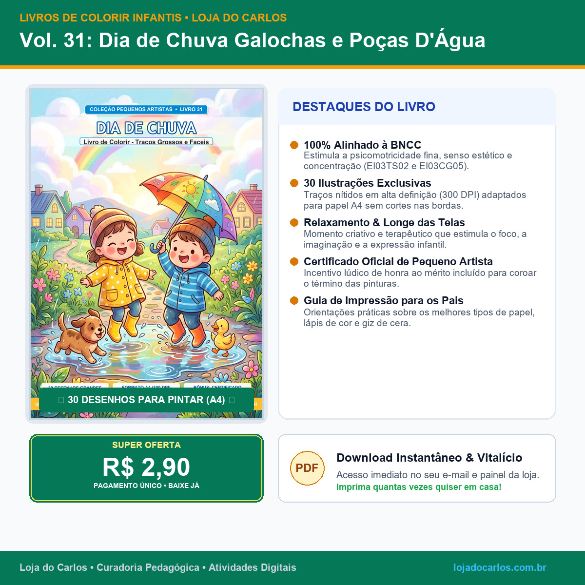 Livro de Colorir Infantil • Vol. 31: Dia de Chuva Galochas e Poças D'Água