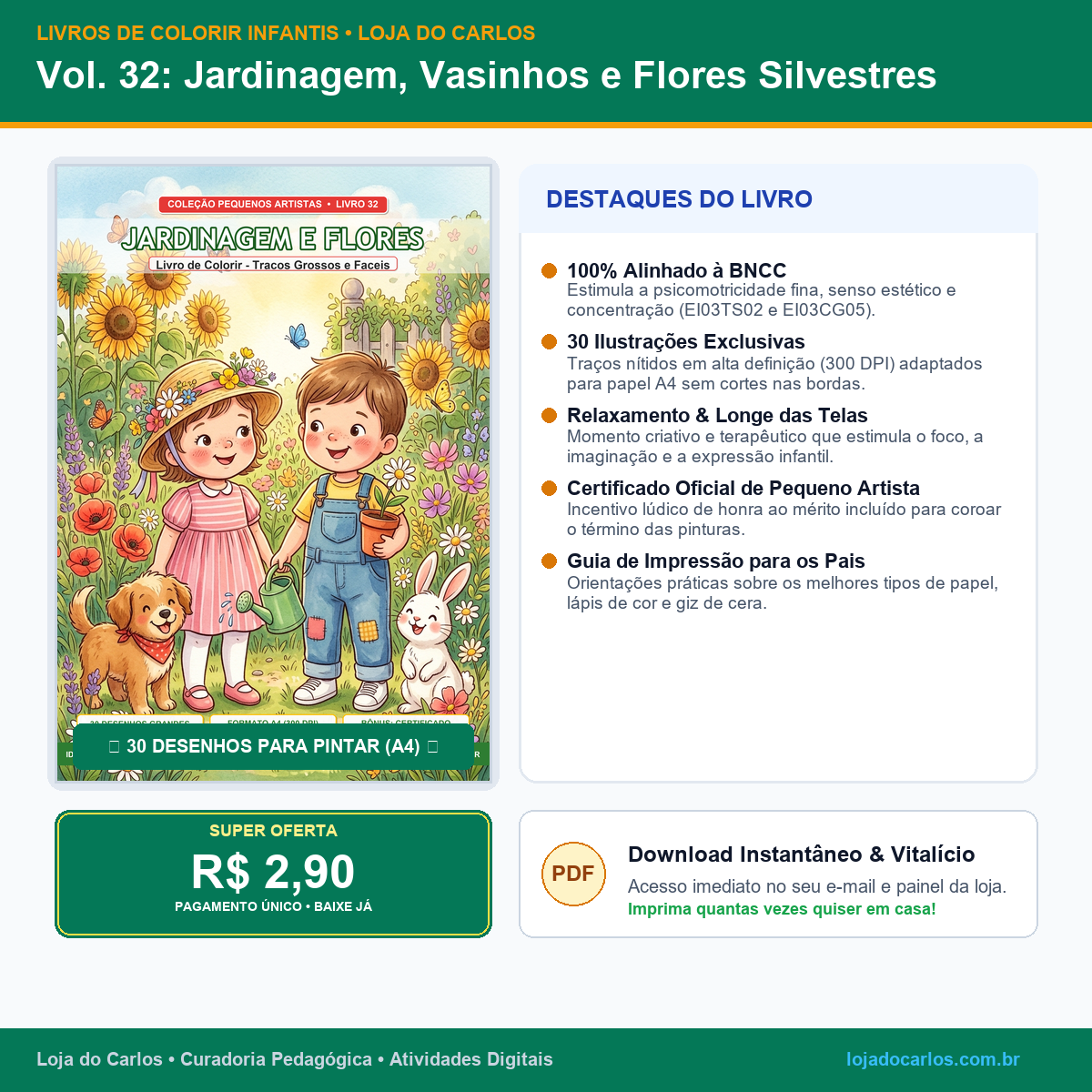 Livro de Colorir Infantil • Vol. 32: Jardinagem, Vasinhos e Flores Silvestres