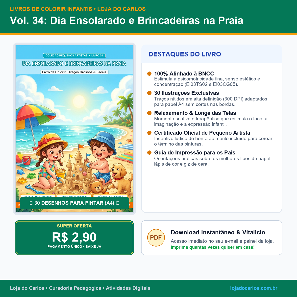 Livro de Colorir Infantil • Vol. 34: Dia Ensolarado e Brincadeiras na Praia