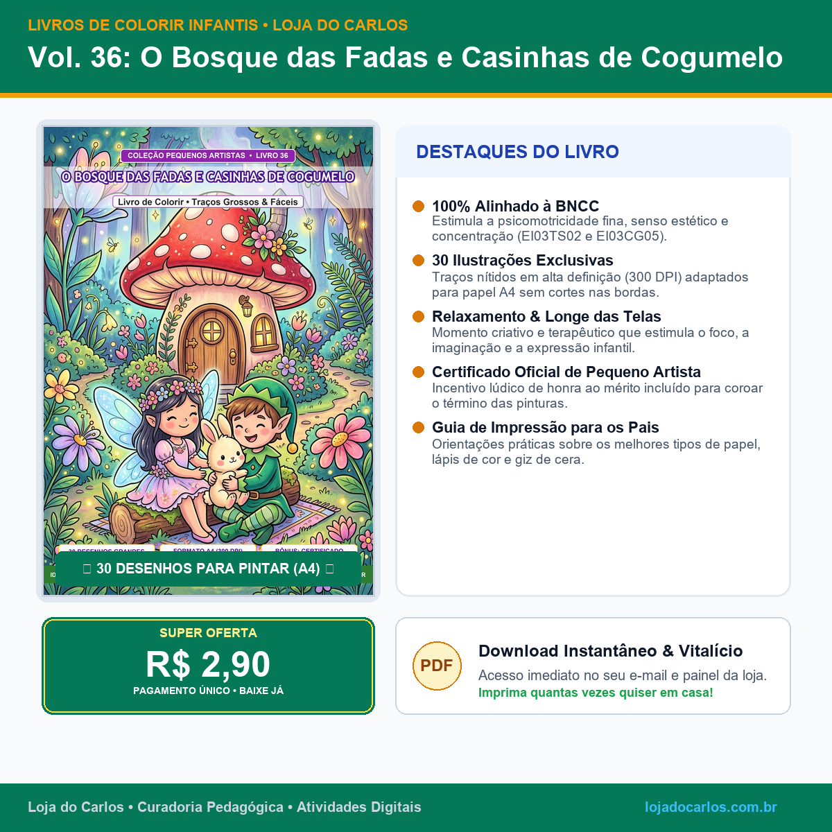 Livro de Colorir Infantil • Vol. 36: O Bosque das Fadas e Casinhas de Cogumelo
