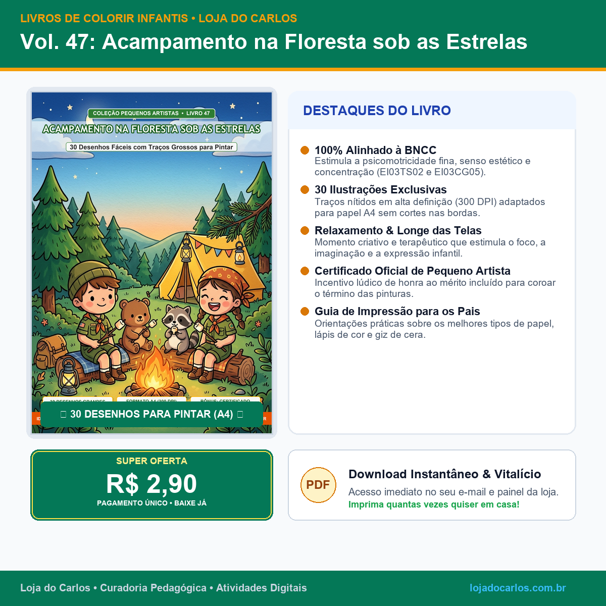 Livro de Colorir Infantil • Vol. 47: Acampamento na Floresta sob as Estrelas